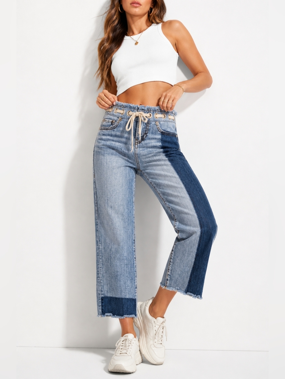 True Religion Star Cropped Jeans Lace Up Waist Patchwork Straight Leg Size 26